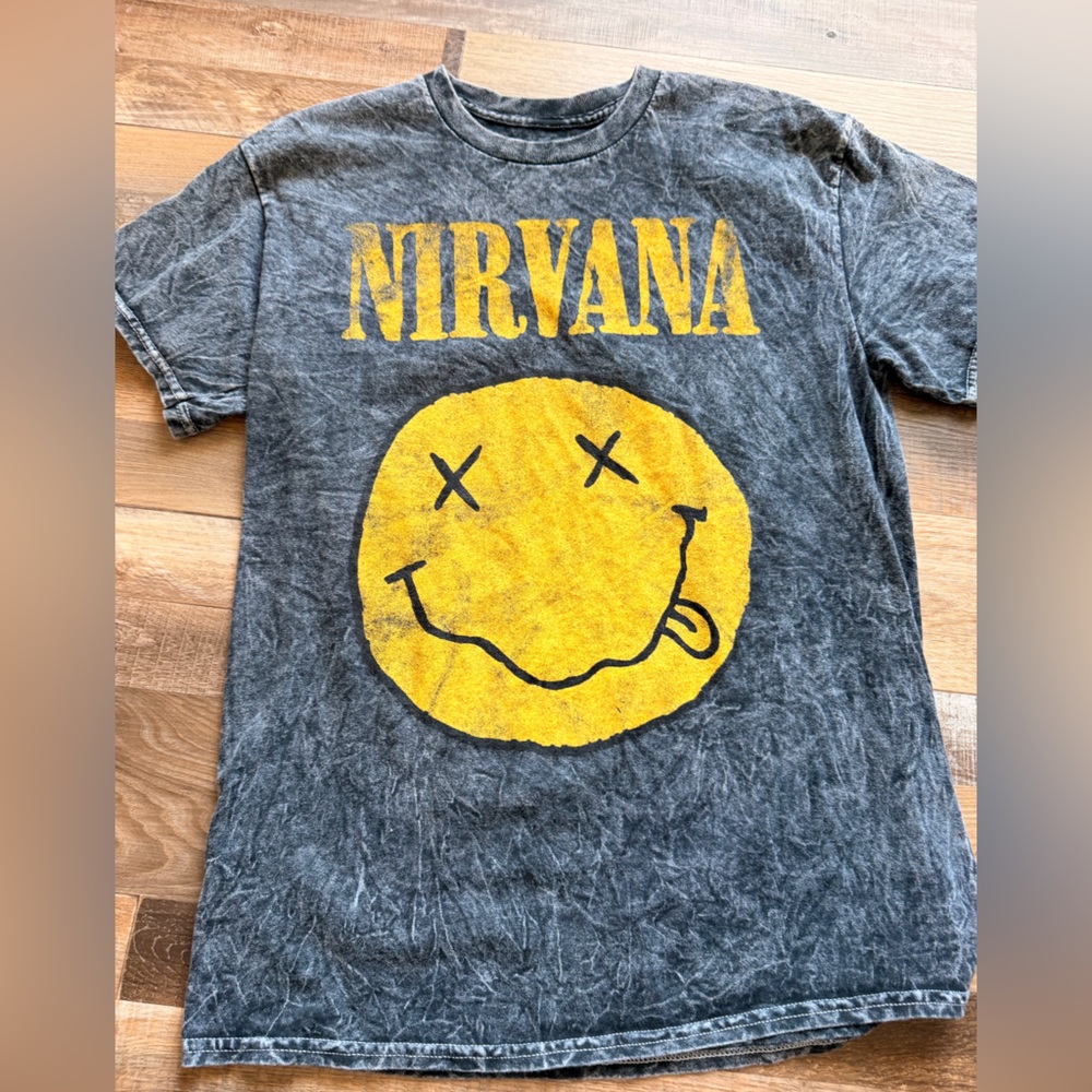 NIRVANA Gray Tee with Yellow Smiley Graphic